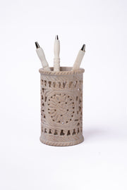 Hand-Carved Soapstone Pen Stand — Jali Openwork · Floral Medallion