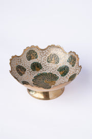 Hand-Engraved Brass Peacock Bowl — Enamel Inlay · Footed Decorative Bowl · Handcrafted