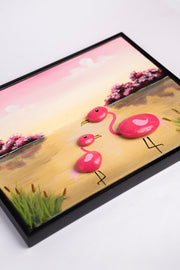 Hand-Painted Pebble Art — Flamingo Family Pebble Art · Hand-Painted · Framed · One of a Kind