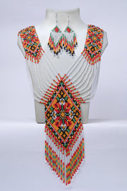 Handwoven White Diamond Medallion Panel Seed Bead Necklace & Earring Set Handcrafted Bead Jewellery · Glass Seed Beads · Tribal Craft Tradition · Statement Set
