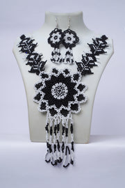 Handwoven Black & White Mandala Seed Bead Necklace & Earring Set Handcrafted Bead Jewellery · Glass Seed Beads · Tribal Craft Tradition · Statement Set