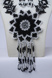 Handwoven Black & White Mandala Seed Bead Necklace & Earring Set Handcrafted Bead Jewellery · Glass Seed Beads · Tribal Craft Tradition · Statement Set