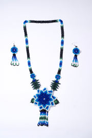 Handwoven Blue Flower Seed Bead Necklace & Earring Set Handcrafted Bead Jewellery · Glass Seed Beads · Tribal Craft Tradition · Statement Set