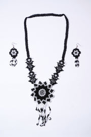 Handwoven Black & White Mandala Seed Bead Necklace & Earring Set Handcrafted Bead Jewellery · Glass Seed Beads · Tribal Craft Tradition · Statement Set