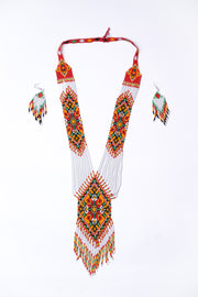 Handwoven White Diamond Medallion Panel Seed Bead Necklace & Earring Set Handcrafted Bead Jewellery · Glass Seed Beads · Tribal Craft Tradition · Statement Set