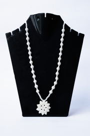 Hand-Carved Marble Ribbed Bead Necklace — Lotus Pendant Stone Jewellery