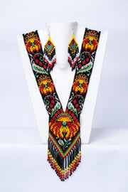 Handwoven Black Floral Panel Seed Bead Necklace & Earring Set Handcrafted Bead Jewellery · Glass Seed Beads · Tribal Craft Tradition · Statement Set