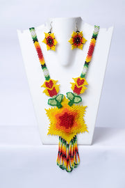 Handwoven Sunflower Seed Bead Necklace & Earring Set Handcrafted Bead Jewellery · Glass Seed Beads · Tribal Craft Tradition · Statement Set