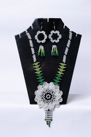 Handwoven White & Green Flower Seed Bead Necklace & Earring Set Handcrafted Bead Jewellery · Glass Seed Beads · Tribal Craft Tradition · Statement Set