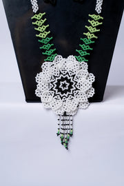 Handwoven White & Green Flower Seed Bead Necklace & Earring Set Handcrafted Bead Jewellery · Glass Seed Beads · Tribal Craft Tradition · Statement Set