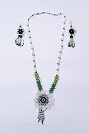 Handwoven White & Green Flower Seed Bead Necklace & Earring Set Handcrafted Bead Jewellery · Glass Seed Beads · Tribal Craft Tradition · Statement Set