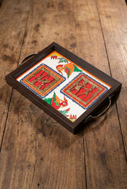 Madhubani & Dhokra Fusion Serving Tray — Hand-painted & Lost-Wax Cast Metal Inlay