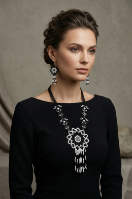 Handwoven Black & White Mandala Seed Bead Necklace & Earring Set Handcrafted Bead Jewellery · Glass Seed Beads · Tribal Craft Tradition · Statement Set