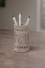 Hand-Carved Soapstone Pen Stand — Jali Openwork · Floral Medallion