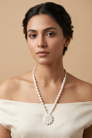 Hand-Carved Marble Ribbed Bead Necklace — Lotus Pendant Stone Jewellery