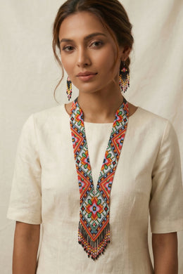 Handwoven Kaleidoscope Floral Panel Seed Bead Necklace & Earring Set Handcrafted Bead Jewellery · Glass Seed Beads · Tribal Craft Tradition · Statement Set