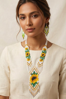 Handwoven Sunflower Seed Bead Necklace & Earring Set · Handcrafted Bead Jewellery · Glass Seed Beads · Tribal Craft Tradition · Statement Set