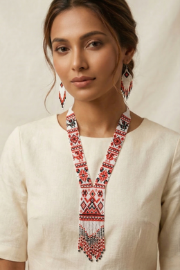 Handwoven White Folk Narrative Panel Seed Bead Necklace & Earring Set Handcrafted Bead Jewellery · Glass Seed Beads · Tribal Craft Tradition · Statement Set