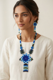 Handwoven Blue Flower Seed Bead Necklace & Earring Set Handcrafted Bead Jewellery · Glass Seed Beads · Tribal Craft Tradition · Statement Set