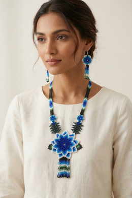 Handwoven Blue Flower Seed Bead Necklace & Earring Set Handcrafted Bead Jewellery · Glass Seed Beads · Tribal Craft Tradition · Statement Set