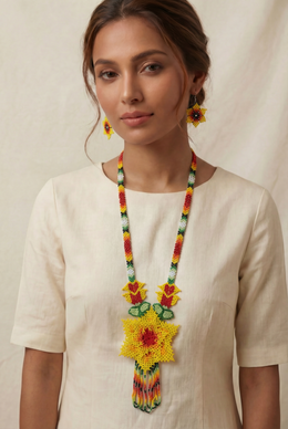Handwoven Sunflower Seed Bead Necklace & Earring Set Handcrafted Bead Jewellery · Glass Seed Beads · Tribal Craft Tradition · Statement Set