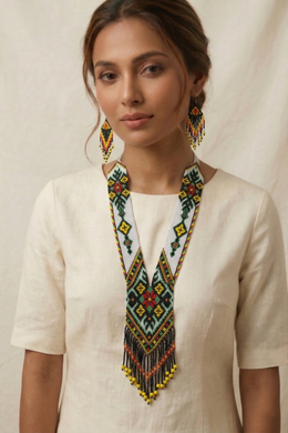 Handwoven White Garden Geometric Panel Seed Bead Necklace & Earring Set Handcrafted Bead Jewellery · Glass Seed Beads · Tribal Craft Tradition · Statement Set