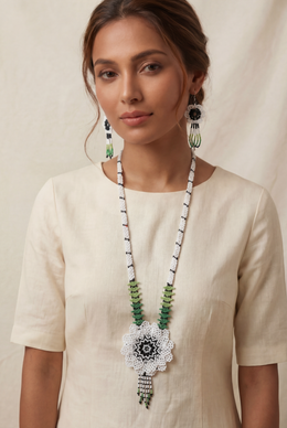 Handwoven White & Green Flower Seed Bead Necklace & Earring Set Handcrafted Bead Jewellery · Glass Seed Beads · Tribal Craft Tradition · Statement Set