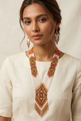 Handwoven White Diamond Medallion Panel Seed Bead Necklace & Earring Set Handcrafted Bead Jewellery · Glass Seed Beads · Tribal Craft Tradition · Statement Set