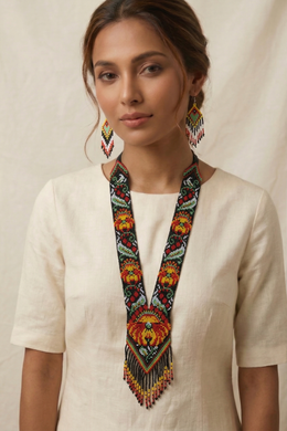 Handwoven Black Floral Panel Seed Bead Necklace & Earring Set Handcrafted Bead Jewellery · Glass Seed Beads · Tribal Craft Tradition · Statement Set